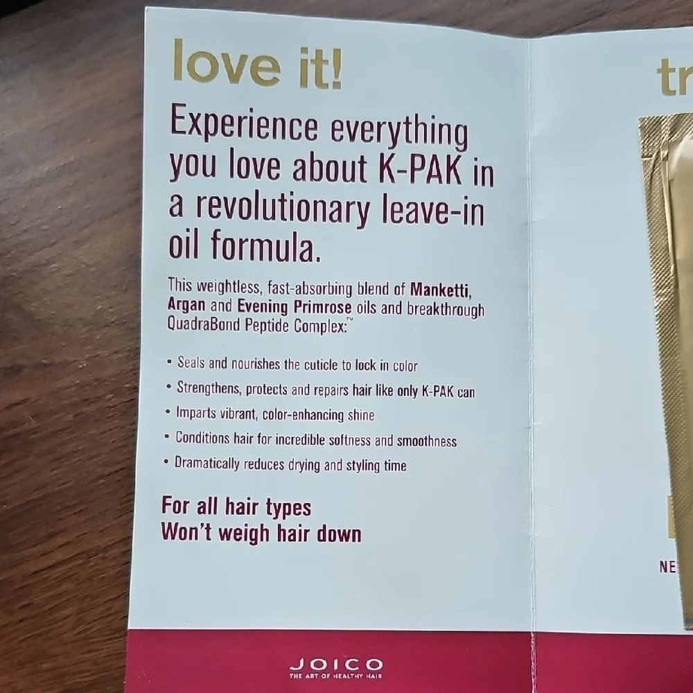Joico K-Pak Color Therapy Styling Oil - 2 Sample Packets With Info Card